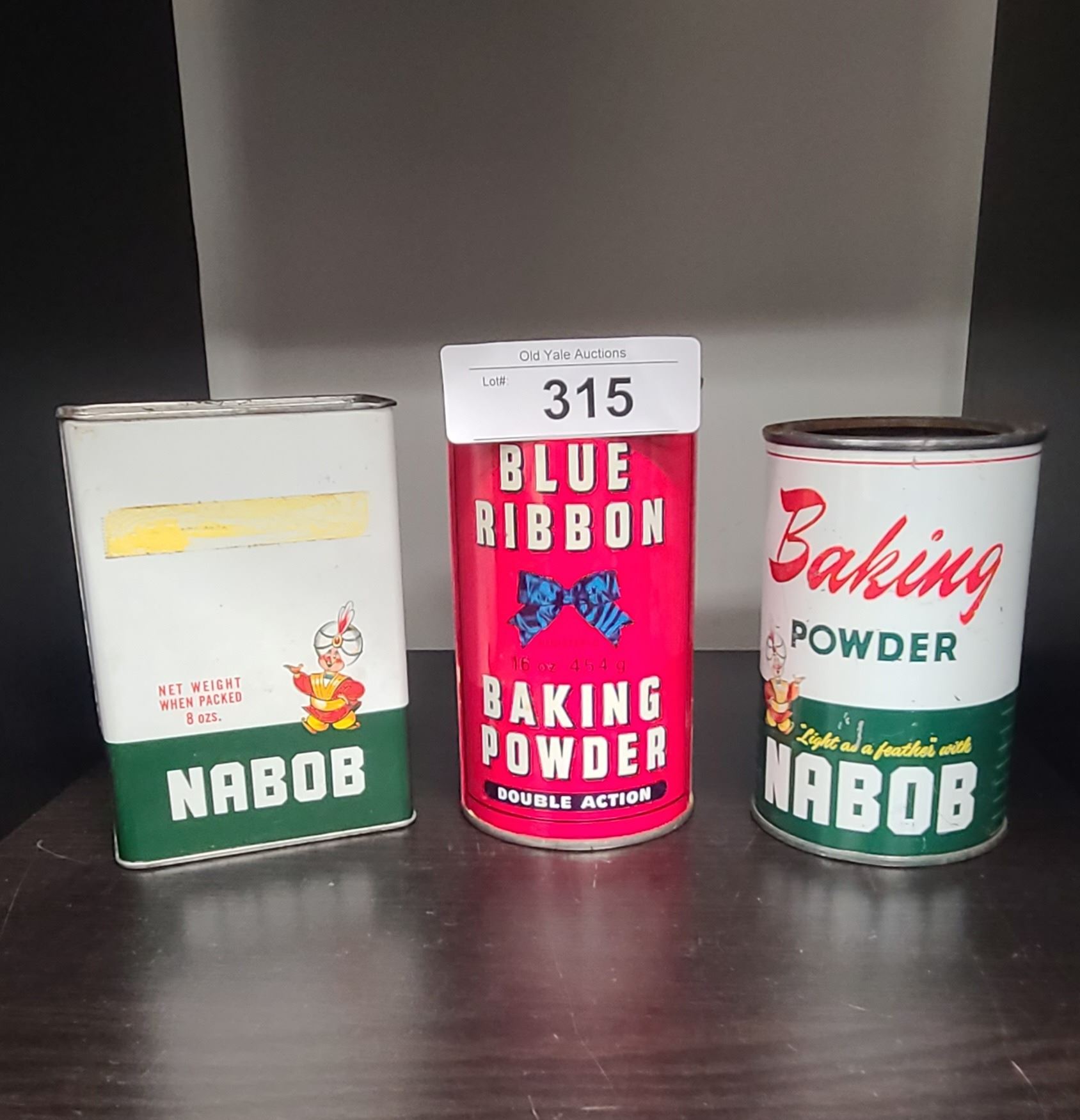 THREE VINTAGE NABOB & BLUE RIBBON BAKING POWDER CANS