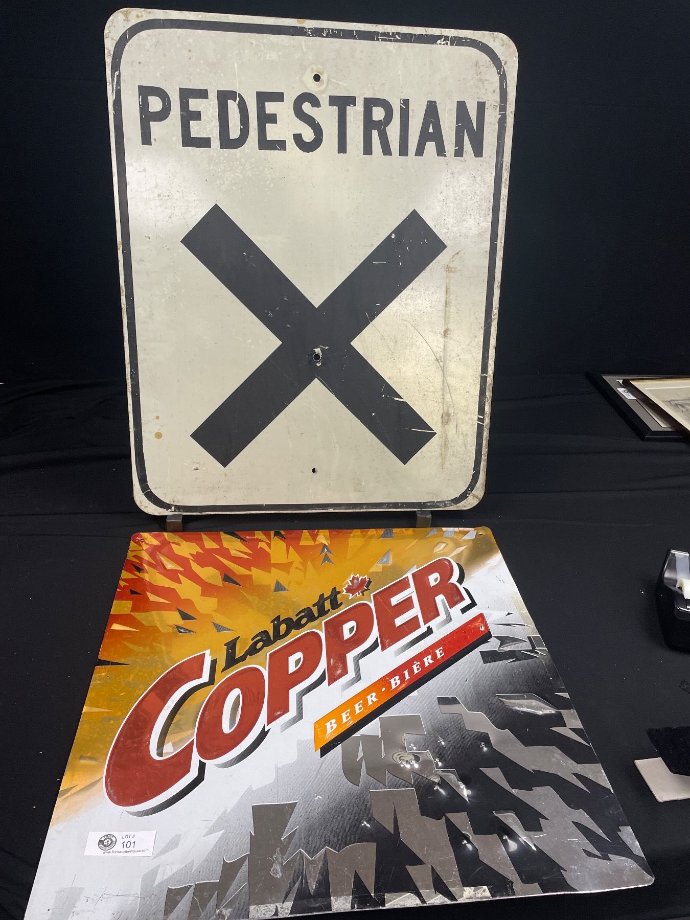 A Vintage 24 by 30 Pedestrian X Sign Plus a Labatt Copper Beer Sign