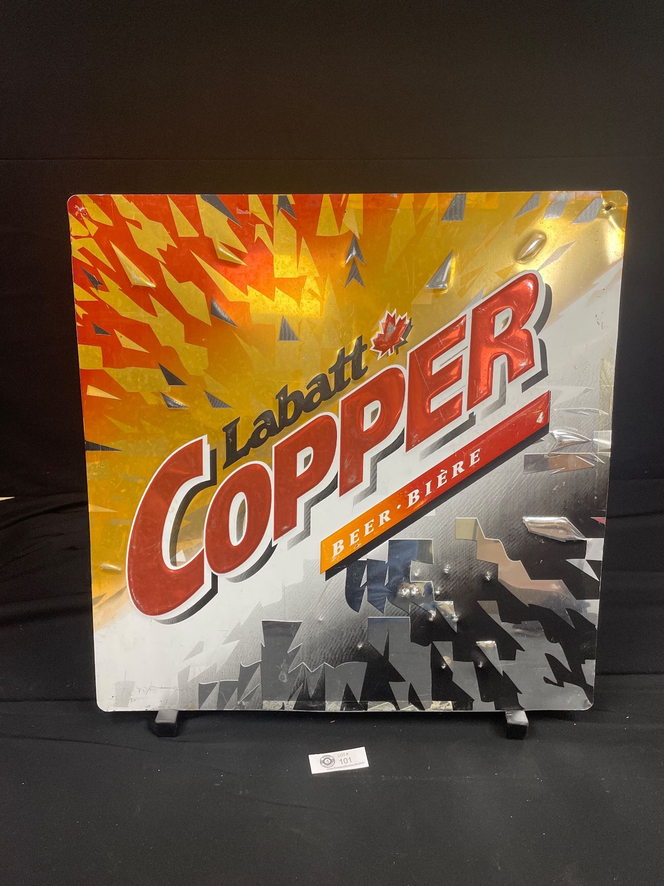 A Vintage 24 by 30 Pedestrian X Sign Plus a Labatt Copper Beer Sign
