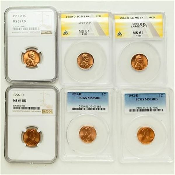 Lot of 6 Certified Red Lincoln Cents 1952-D to 1960-D