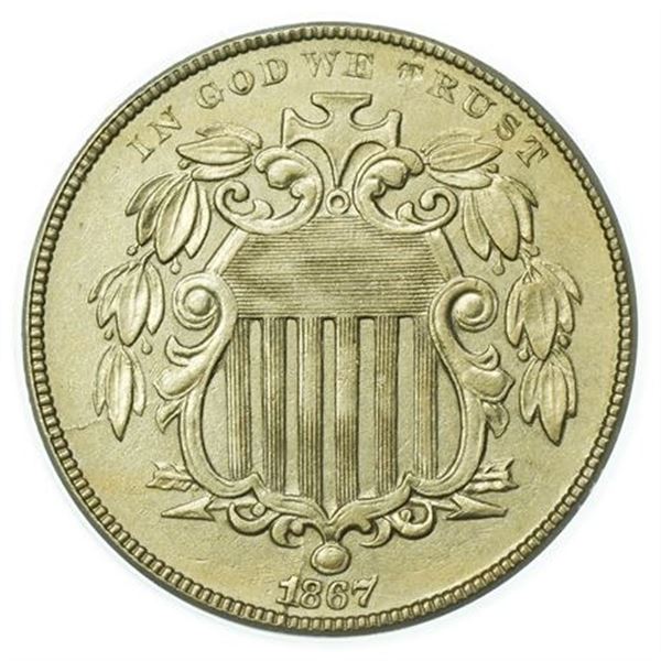 1867 With Rays Shield Nickel ANACS AU-58 Details