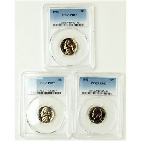 Lot of 3 PCGS PR-67 Jefferson Nickels 1958, 63, 64