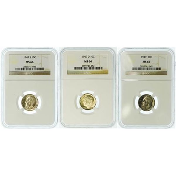 Set of 3. 1949, 1949-D, 1949-S Roosevelt Dime NGC MS-66