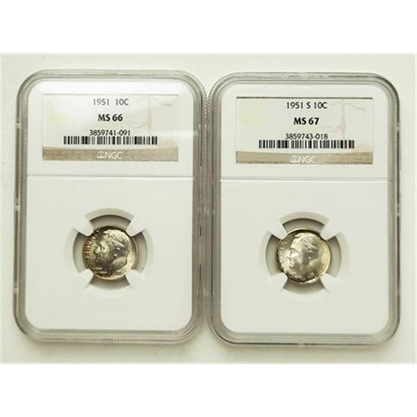 Lot of 2. 1951 MS-66 & 1951-S MS-67 Roosevelt Dimes NGC