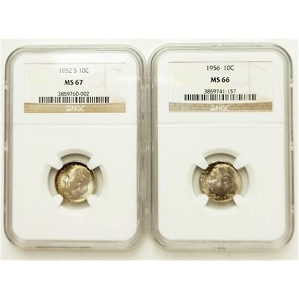 Lot of 2. 1952-S MS-67 and 1956 MS-66 Roosevelt Dimes NGC