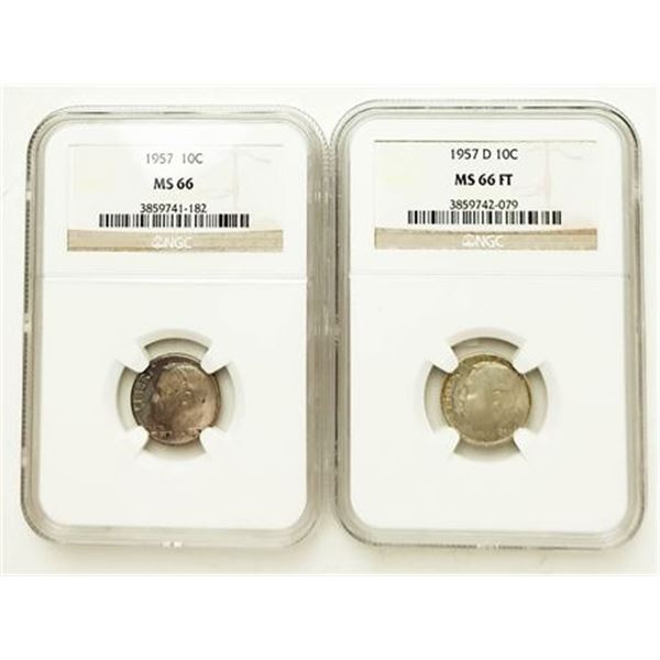 Lot of 2. 1957 MS-66 and 1957-D MS-66 FT Roosevelt Dimes NGC