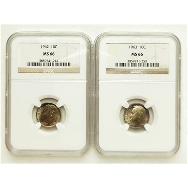 Lot of 2. 1962 & 1963 Roosevelt Dimes NGC MS-66