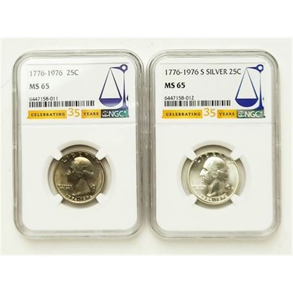 Pair of 1976 & 1976-S Silver Washington Quarters NGC MS-65