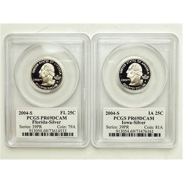 Lot of 2. Iowa & Florida 2004-S Silver Proof Quarters PCGS