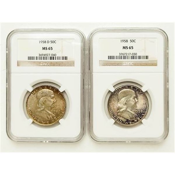 Lot of 2. 1958 & 1958-D Franklin Half Dollars NGC MS-65