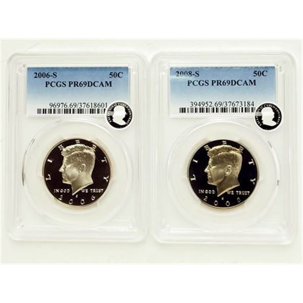 Lot of 2. 2006-S & 2008-S Proof Kennedy Half Dollars PCGS PF-69 DCAM