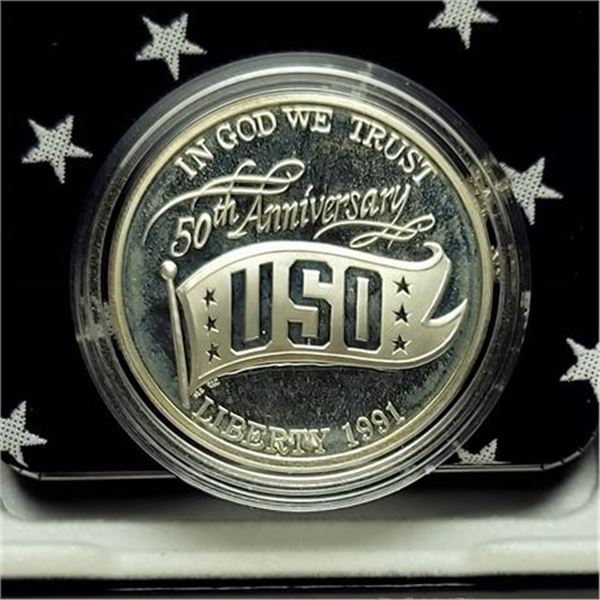 1991 USO Proof Silver Dollar Commemorative Coin in OGP