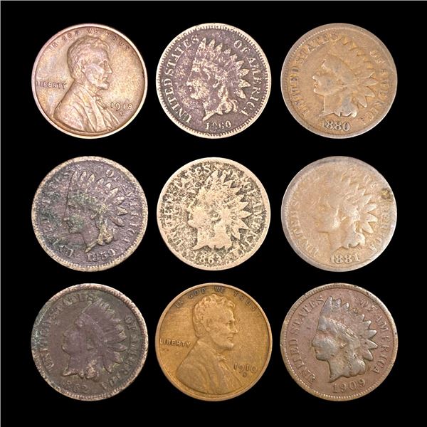 1859-1918 1C Indian Head & Wheat Set of 9 NICELY