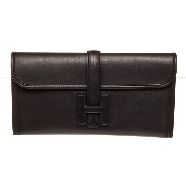 Hermes Black Leather Jige Elan Clutch Bag