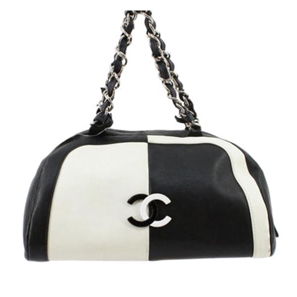 Chanel Black White Calfskin Leather Colorblock CC Bowling Bag