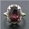 Image 2 : Antique Art Deco 14k Gold Oval Rhodolite Garnet Solitaire & Enamel Filigree Ring