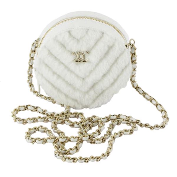 Chanel White Chevron Quilted Fur Round Crossbody Bag