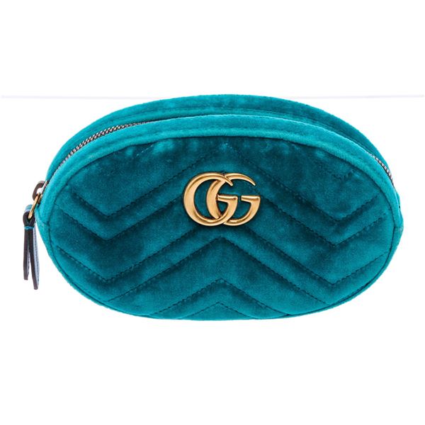 Gucci Blue Turquoise Chevron Velvet Matelasse GG Marmont Belt Waist Bag 75