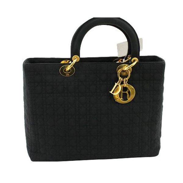 Christian Dior Black Cannage Quilted Nylon Large Lady Dior Bag