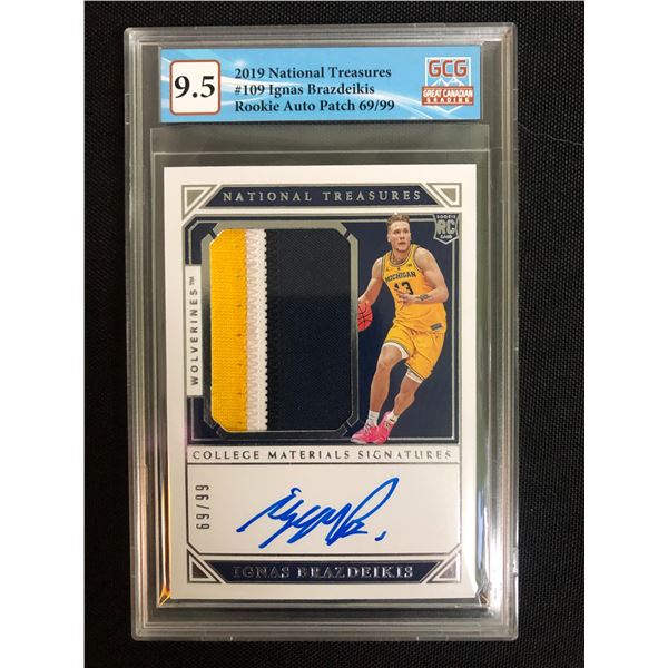 2019 NATIONAL TREASURES NO.109 IGNAS BRAZDEKIS ROOKIE AUTO PATCH 69/99 (GCG 9.5)