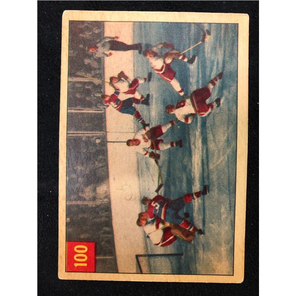 1954-55 PARKHURST HOCKEY NO. 100 SAWCHUK STOPS BOOM BOOM