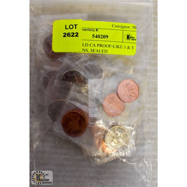 BAG OF OLD CA PROOF-LIKE 1 & 5 CENT COINS, SEALED