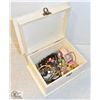 Image 1 : LARGE WOOD BOX WITH OLD JEWELRY ITEMS ETC.