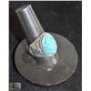 Image 1 : 27)  SILVER TONE OVAL TURQUOISE RING WITH