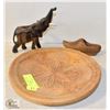 Image 1 : VINTAGE WOOD ELEPHANT, SHOE, & CARVED PLATE