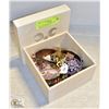 MED. WOOD BOX WITH OLD JEWELRY ITEMS ETC.
