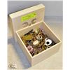 MED. WOOD BOX WITH OLD JEWELRY ITEMS ETC.
