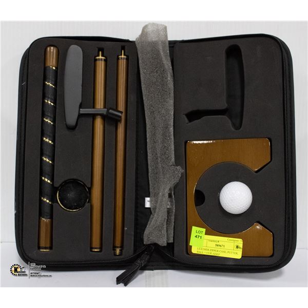 LEATHER ZIPPER CASE, PUTTER, BALL + CUP, GOLF