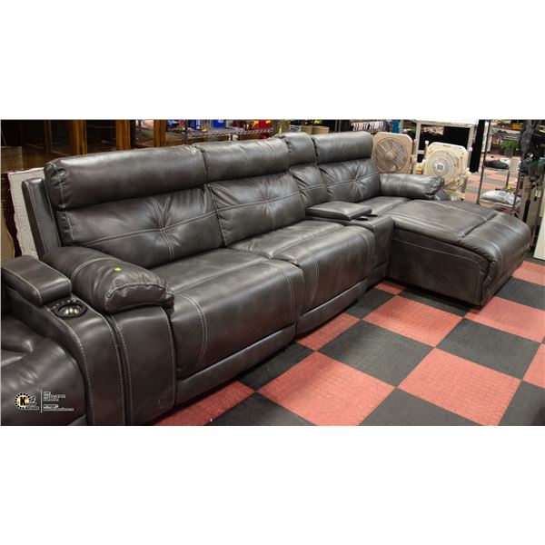 GREY LEATHERETTE ELECTRIC RECLINING SECTIONAL