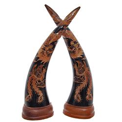RARE Water Buffalo Horn Pair Scrimshaw Dragons (CLB-505)