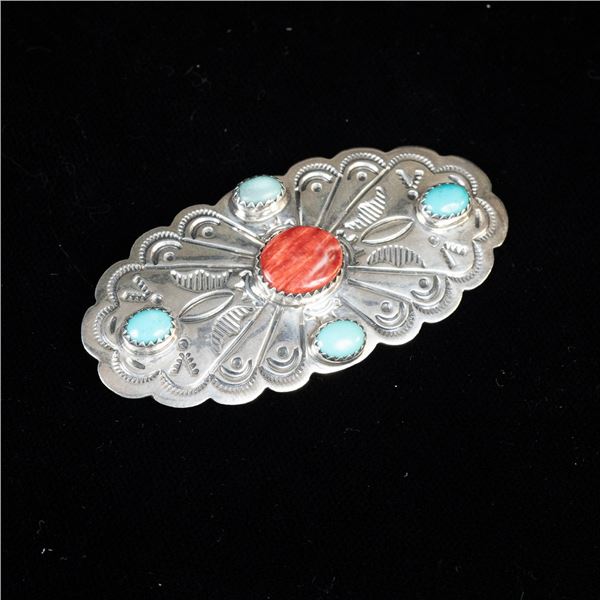 Navajo Sterling Red Shell and Turquoise Pin