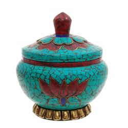 Vintage Tibet Bowl Inlaid Turquoise Coral Lapis (ANT-574)
