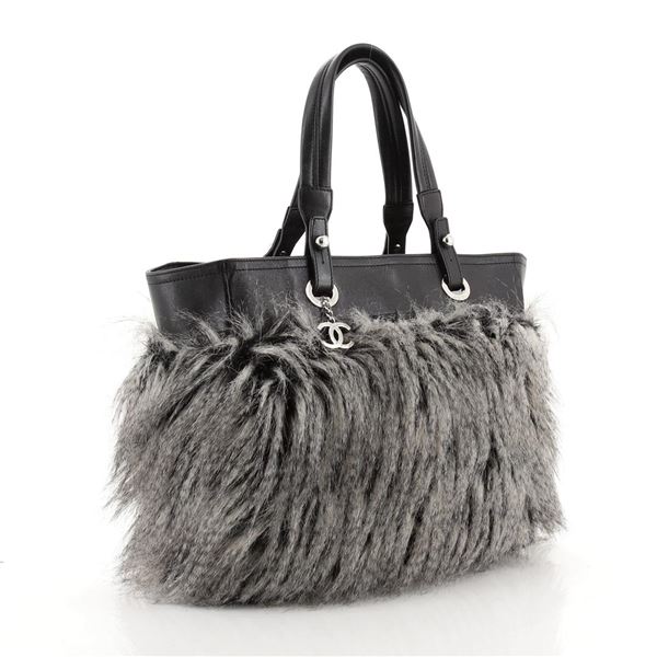 Chanel Biarritz Tote Faux Fur Medium Black, Gray