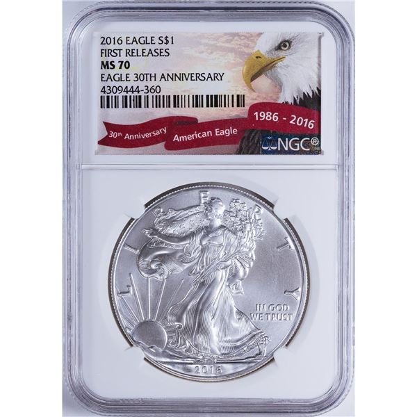 2016 $1 American Silver Eagle NGC MS70 30th Anniversary First Releases