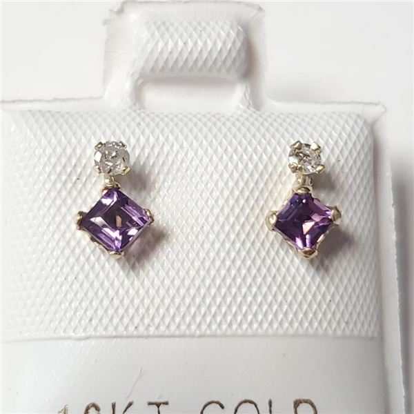 10K Yellow Gold Amethyst(0.4ct) Diamond(0.06ct) Earrings (~Size )(Ring is resizable for $40) (~lengt