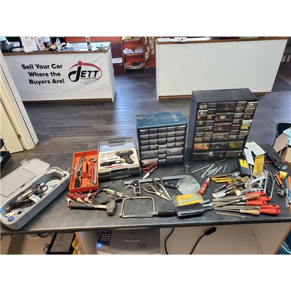 Large lot of near new tools, dremmel, & 2 Small drawer cabinets