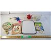 Image 1 : mini whiteboard with stuffed animal and other assorted kids toys