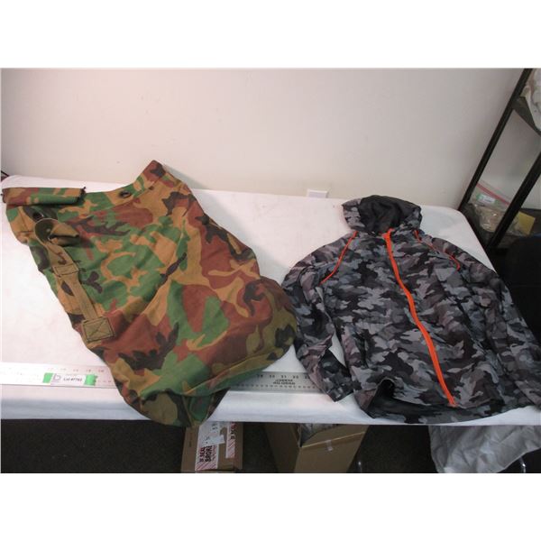 Camo top loader army duffle bag and youth camo rain jacket