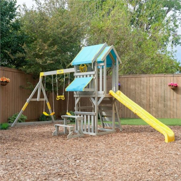 Brighten up your backyard with this exciting playset in new light colors that provide cooler surface