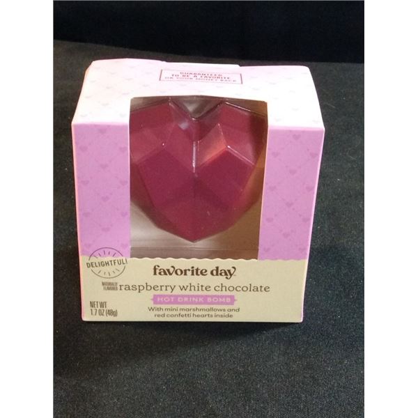 Favorite day raspberry white chocolate hot drink bomb with mini marshmallows and red confetti hearts