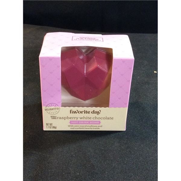 Favorite day raspberry white chocolate hot drink bomb with mini marshmallows and red confetti hearts