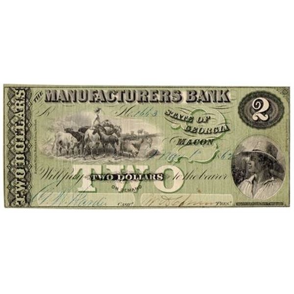 GA. 1862 $2 Manufacturers Bank, Macon GA Obsolete Note
