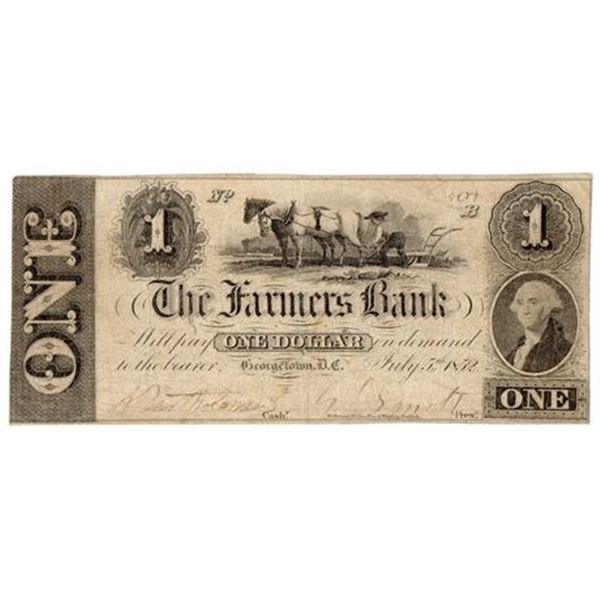 Georgetown, D.C. 1852 $1 Farmer's Bank Obsolete Bank Note