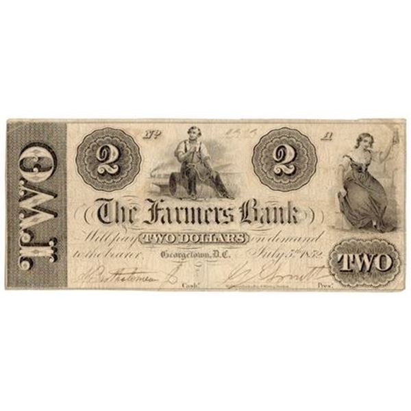 Georgetown, D.C. 1852 $2 Farmer's Bank Obsolete Note
