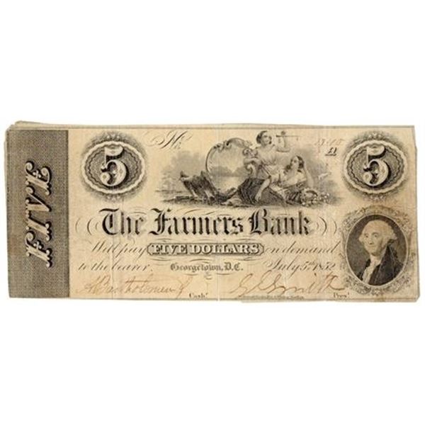 Georgetown, D.C. 1852 $5 Farmer's Bank Obsolete Note