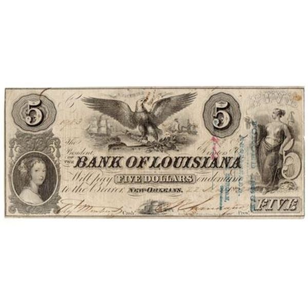 LA. 1862 $5 Bank of Louisiana Blue Forced Issue Obsolete Bank Note